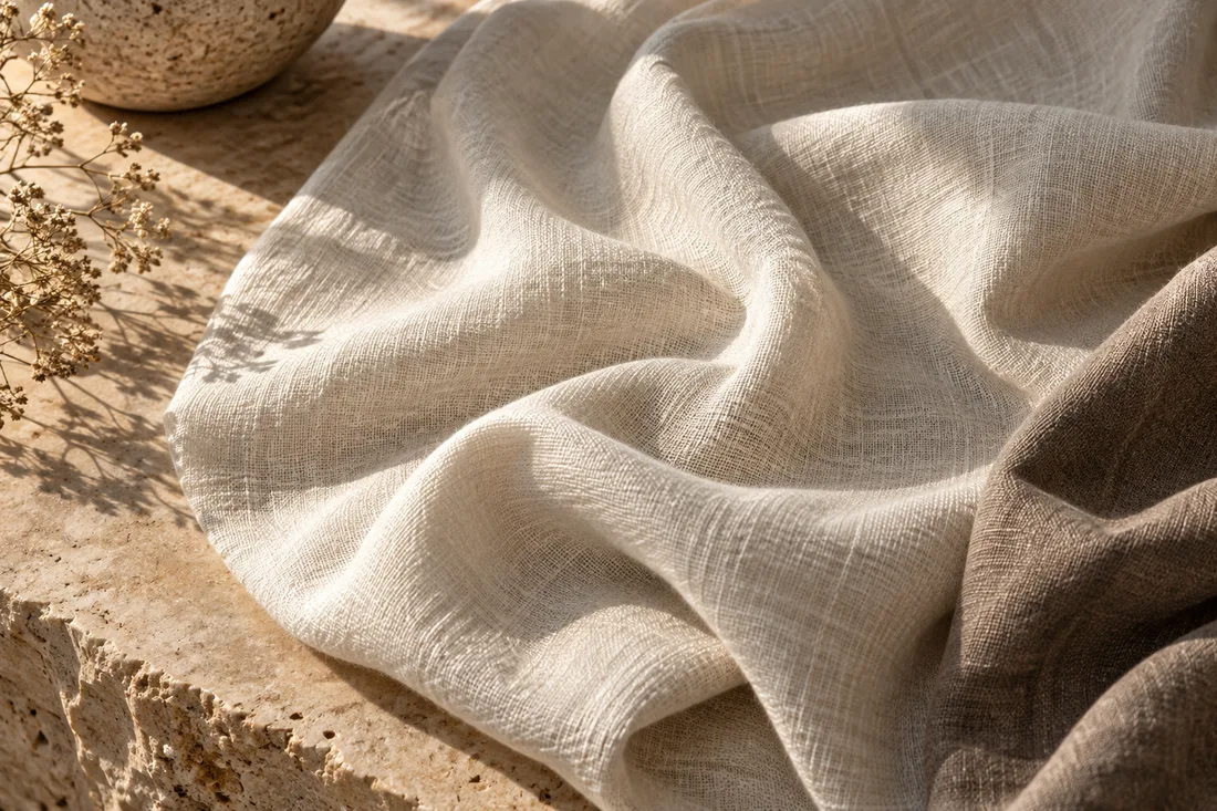 Close-up of ivory linen folds and their natural woven texture